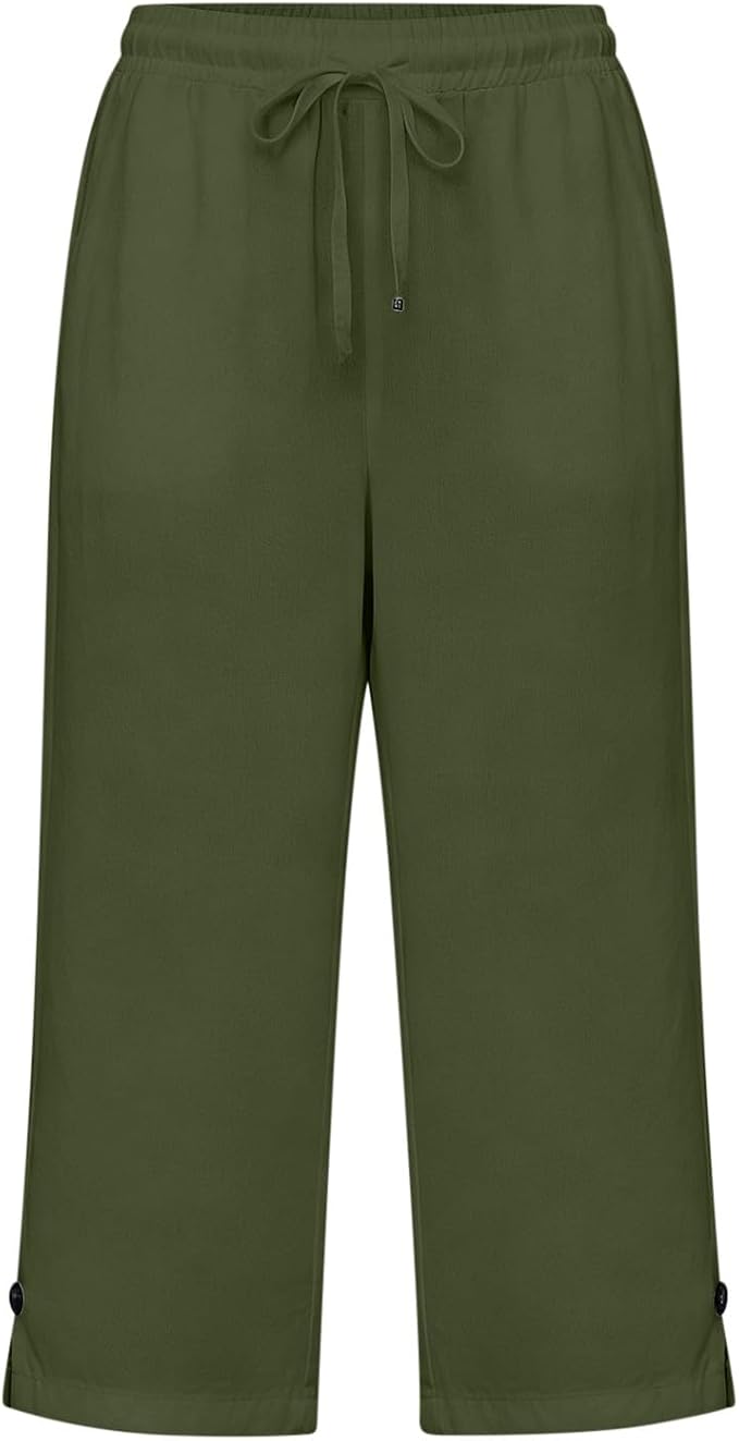 Straight Leg Capri Linen Pants for Women Elastic Waist Drawstring Pant Summer - Image 3