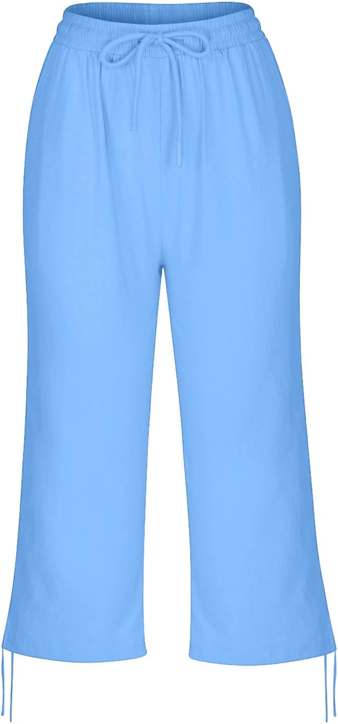 Linen Capri Pants for Women Drawstring Elastic Wide Leg Trouser 2026 Summer - Image 6