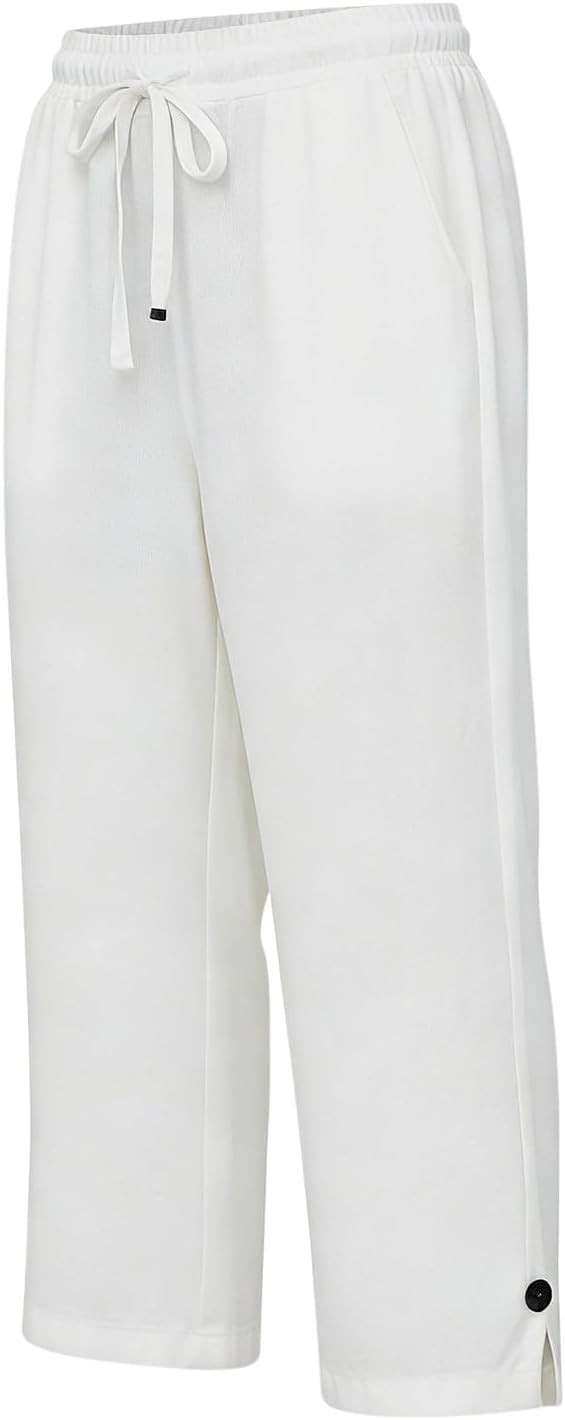 Straight Leg Capri Linen Pants for Women Elastic Waist Drawstring Pant Summer - Image 3