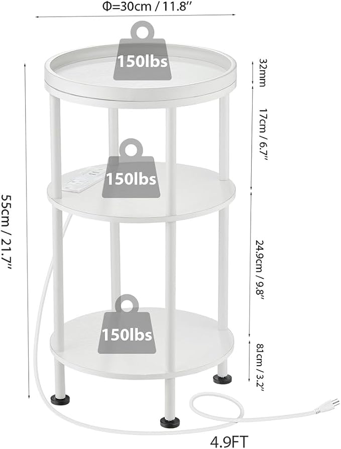 Small Round End Table with Charging Station, 3-Tier Accent Couch Beside Table - Image 3