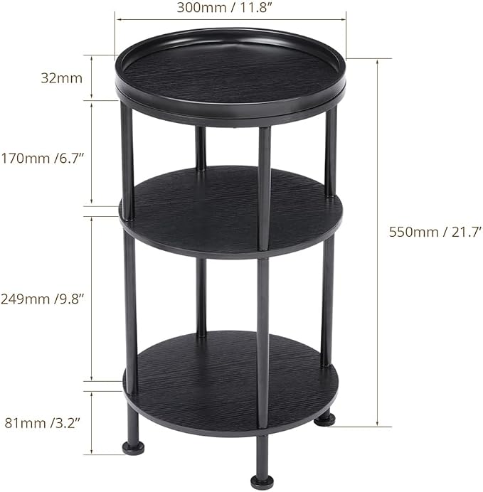 Small Round Side Table with Tray Top, 3-Tier Black End Table - Image 3