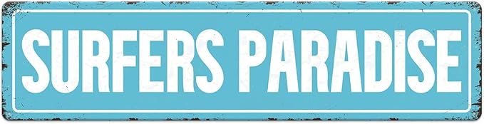 Surfers Paradise Light Blue Tin Sign Vintage Metal Sign Retro Wall Art Poster by SCAZOMV