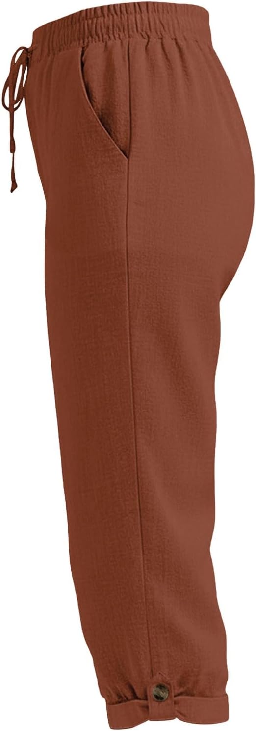 Drawstring Capri Linen Pants Women Elastic Waist Straight Leg Pant Summer Beach - Image 6