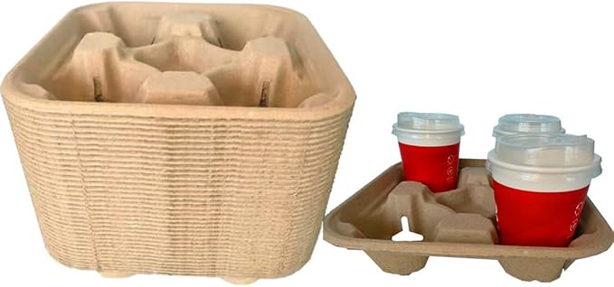 Disposable 4 Cup Drink Carrier Trays, Biodegradable Pulp Fiber Coffee Carry Tray by UQUABESO