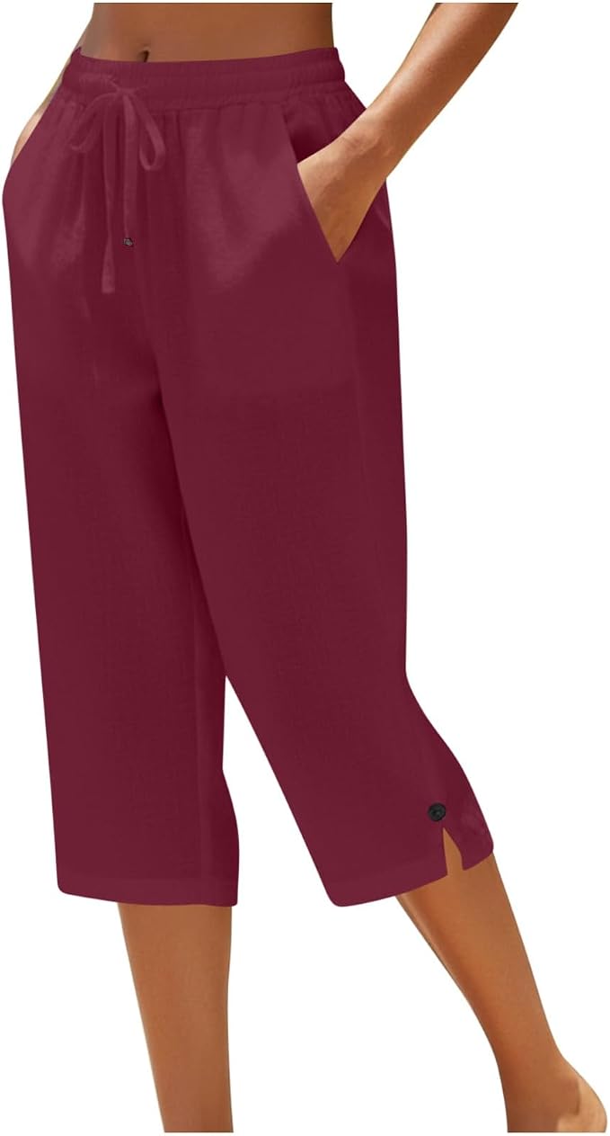 Straight Leg Capri Linen Pants for Women Elastic Waist Drawstring Pant Summer by Unknown
