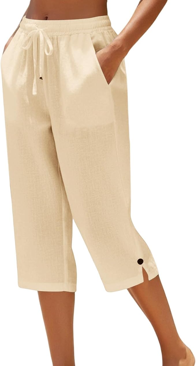 Straight Leg Capri Linen Pants for Women Elastic Waist Drawstring Pant Summer by Unknown