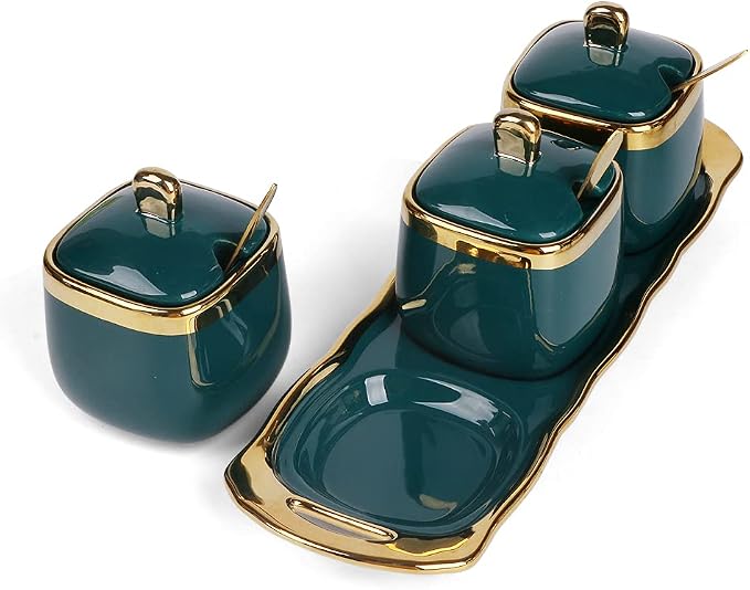Sugar Bowl with Lid and Spoon, Ceramic Condiment Jars Spice Container with Tray - Image 3