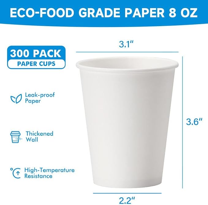 RACETOP 8 oz 300 Pack Disposable Paper Coffee Cups, Disposable Paper Cups - Image 2