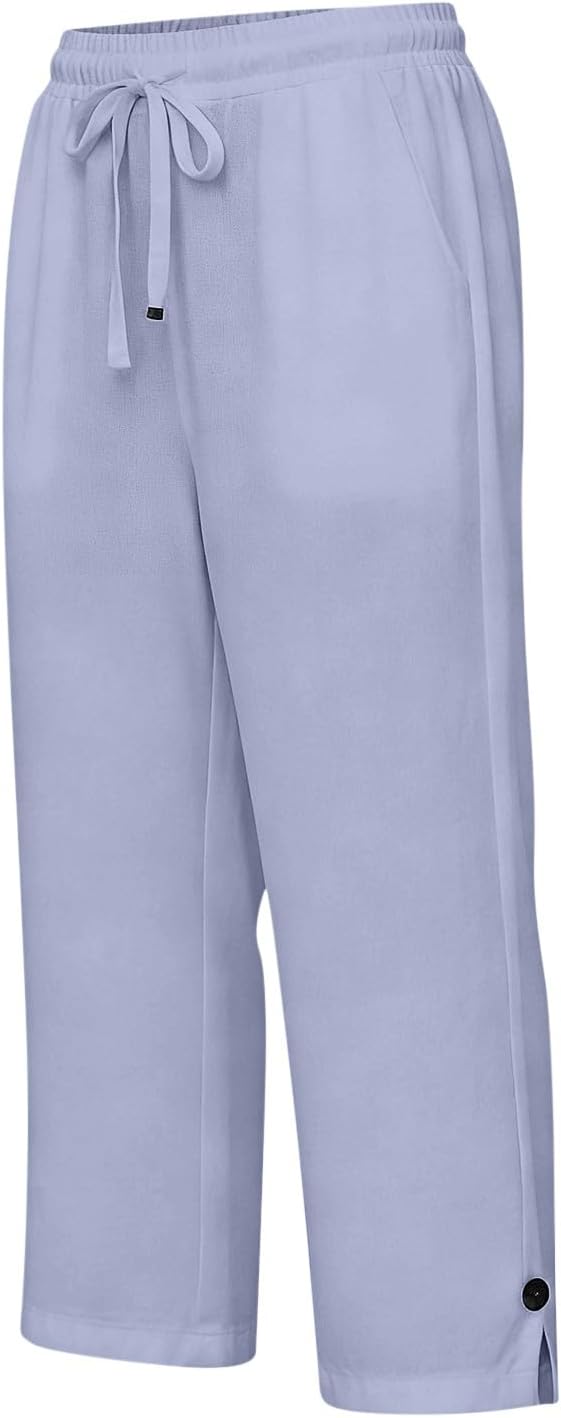 Straight Leg Capri Linen Pants for Women Elastic Waist Drawstring Pant Summer - Image 4