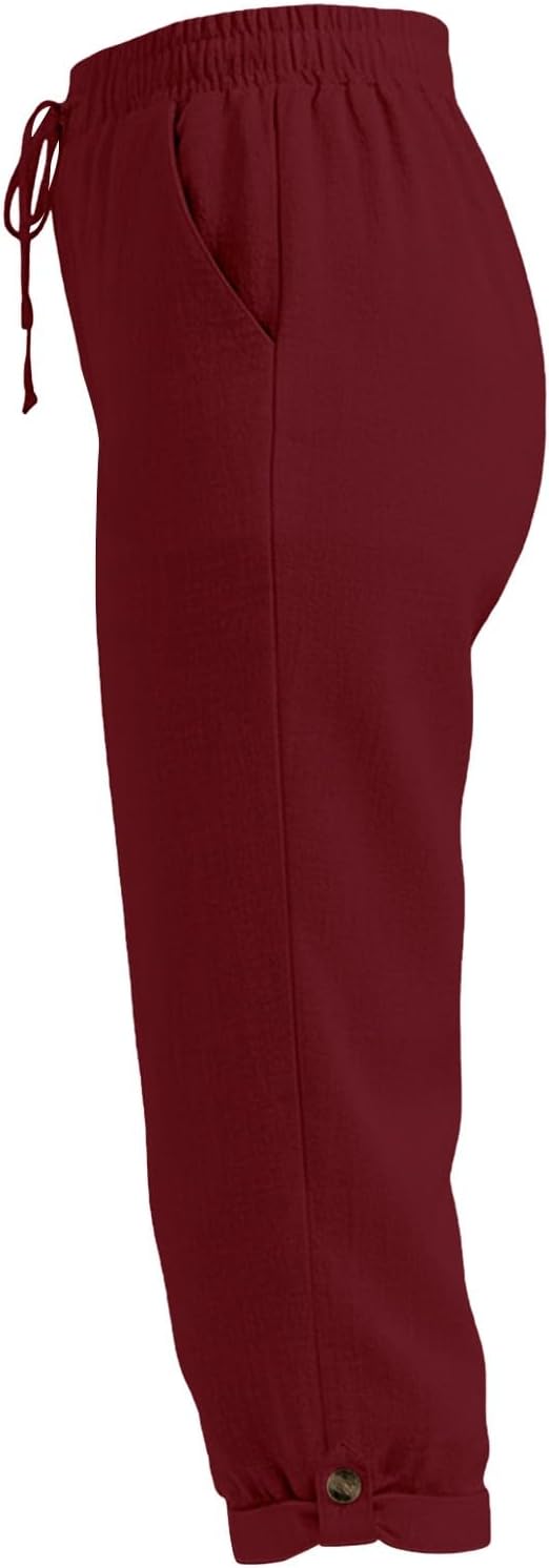 Drawstring Capri Linen Pants Women Elastic Waist Straight Leg Pant Summer Beach - Image 6
