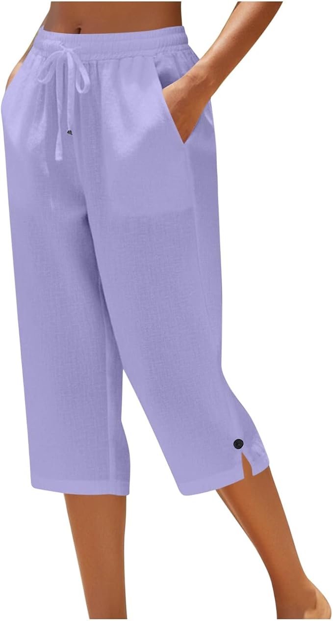 Straight Leg Capri Linen Pants for Women Elastic Waist Drawstring Pant Summer by Unknown