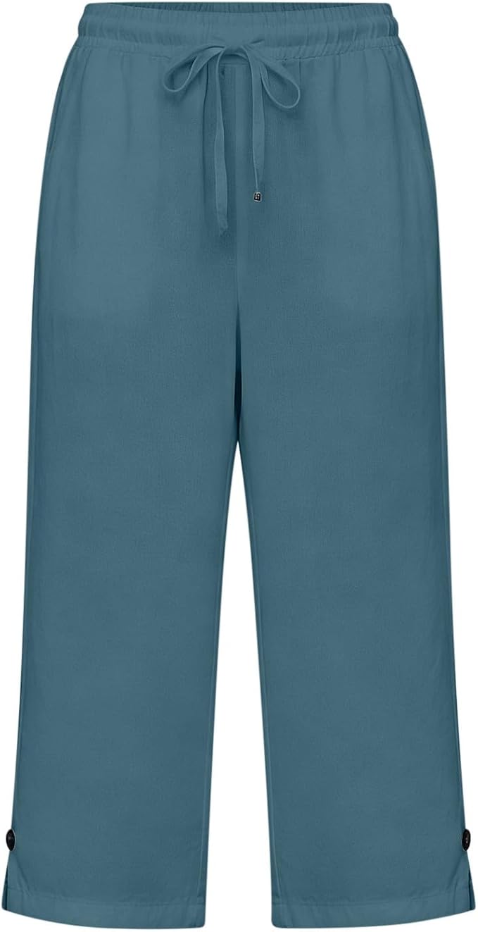 Straight Leg Capri Linen Pants for Women Elastic Waist Drawstring Pant Summer - Image 4