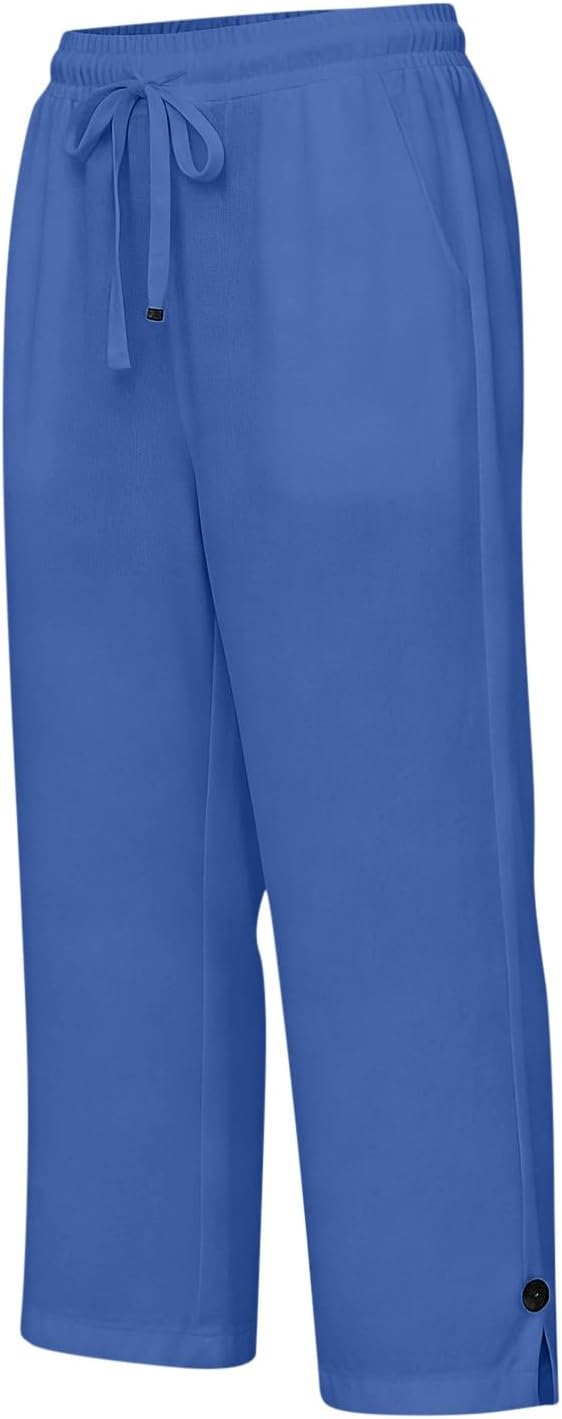 Straight Leg Capri Linen Pants for Women Elastic Waist Drawstring Pant Summer - Image 4