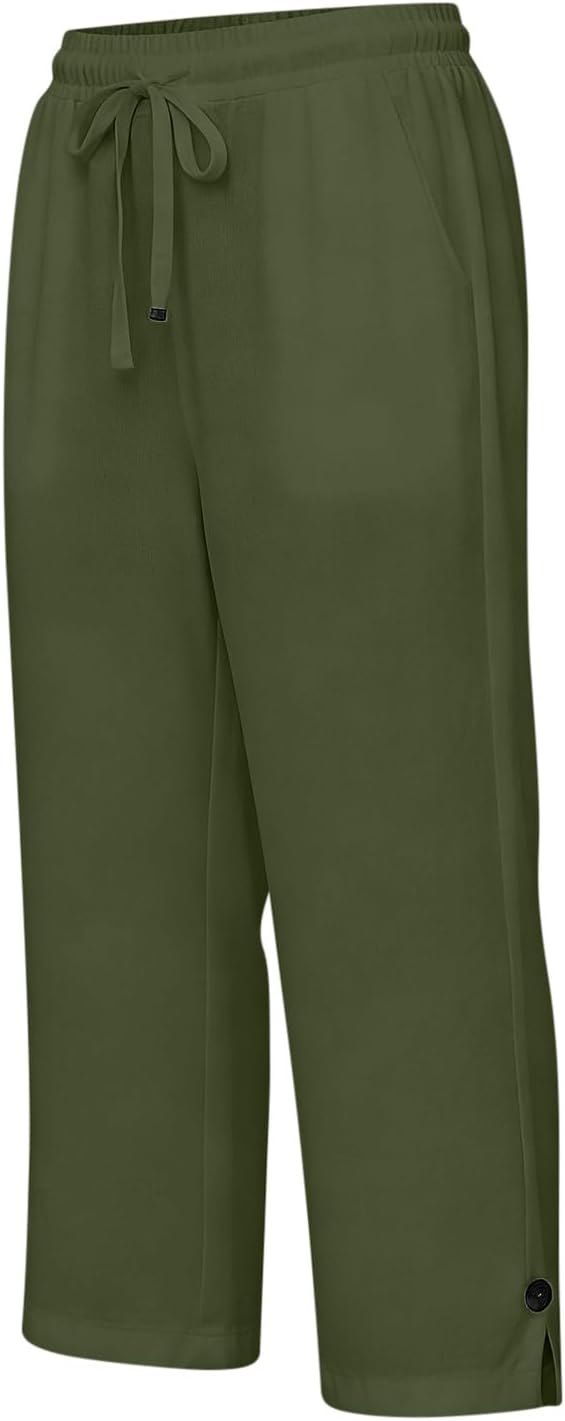 Straight Leg Capri Linen Pants for Women Elastic Waist Drawstring Pant Summer - Image 4
