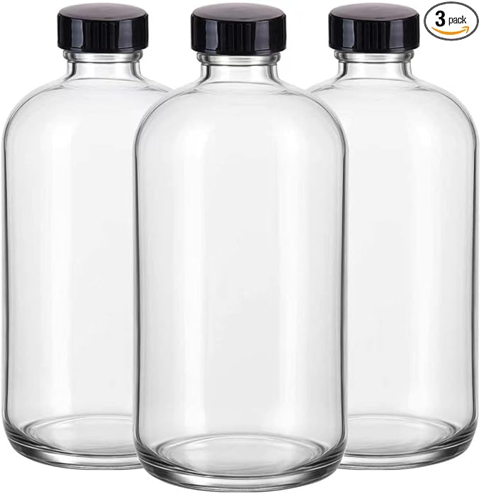 3 Pack, 16 OZ Clear Glass Bottles Boston Round Sample Refillable Bottles by Elumeiro