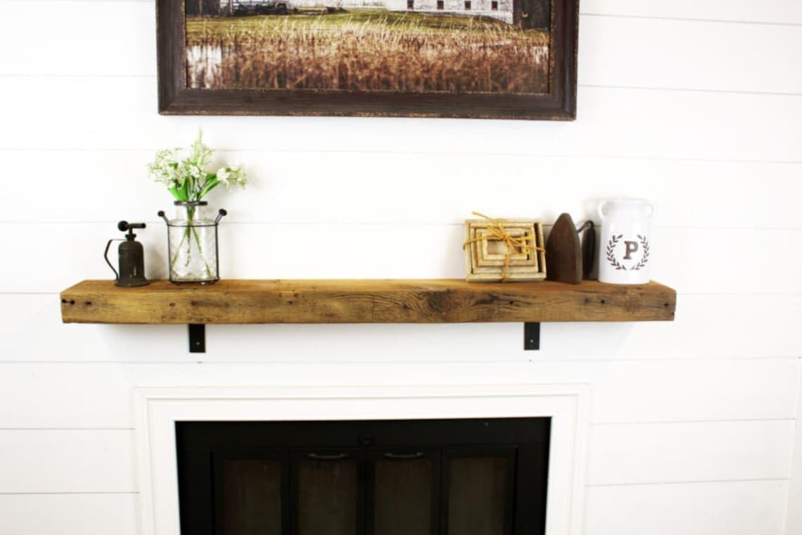 Modern Timber Craft Reclaimed Wood Fireplace Mantel Shelf | Solid Rustic American Barnwood with Steel Floating Shelf Brackets | 2.75" Thickness | 78" L x 10" D, Jacobean, Planed and Sanded