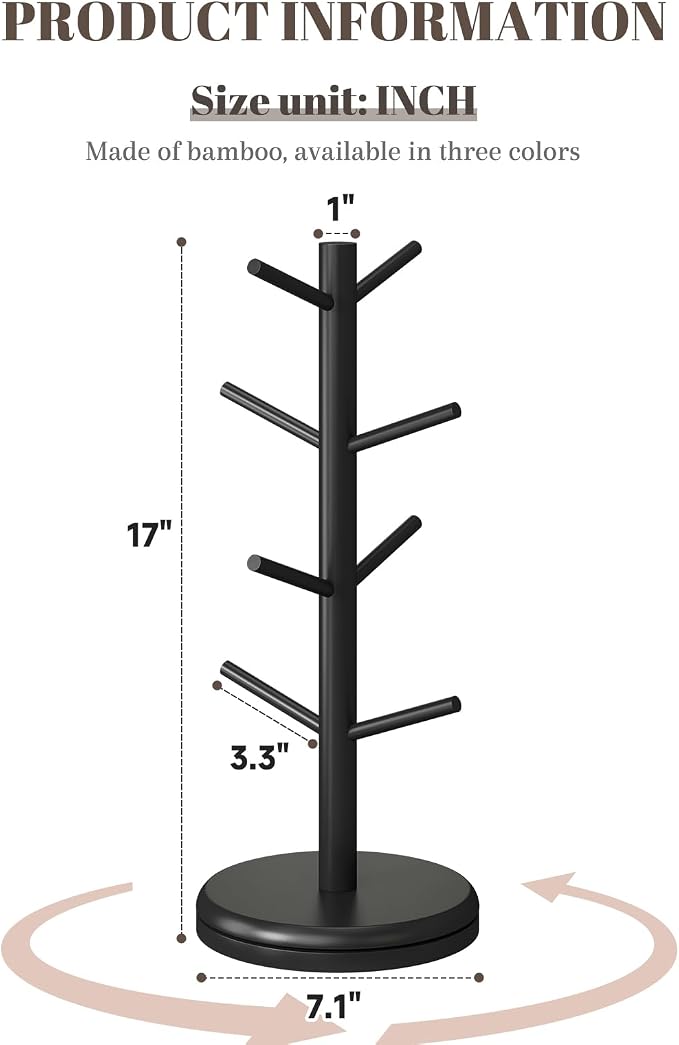 STDDRE Mug Holder Tree 360° Rotated Mug Tree Coffee Cup Holder Bamboo Rack - Image 7