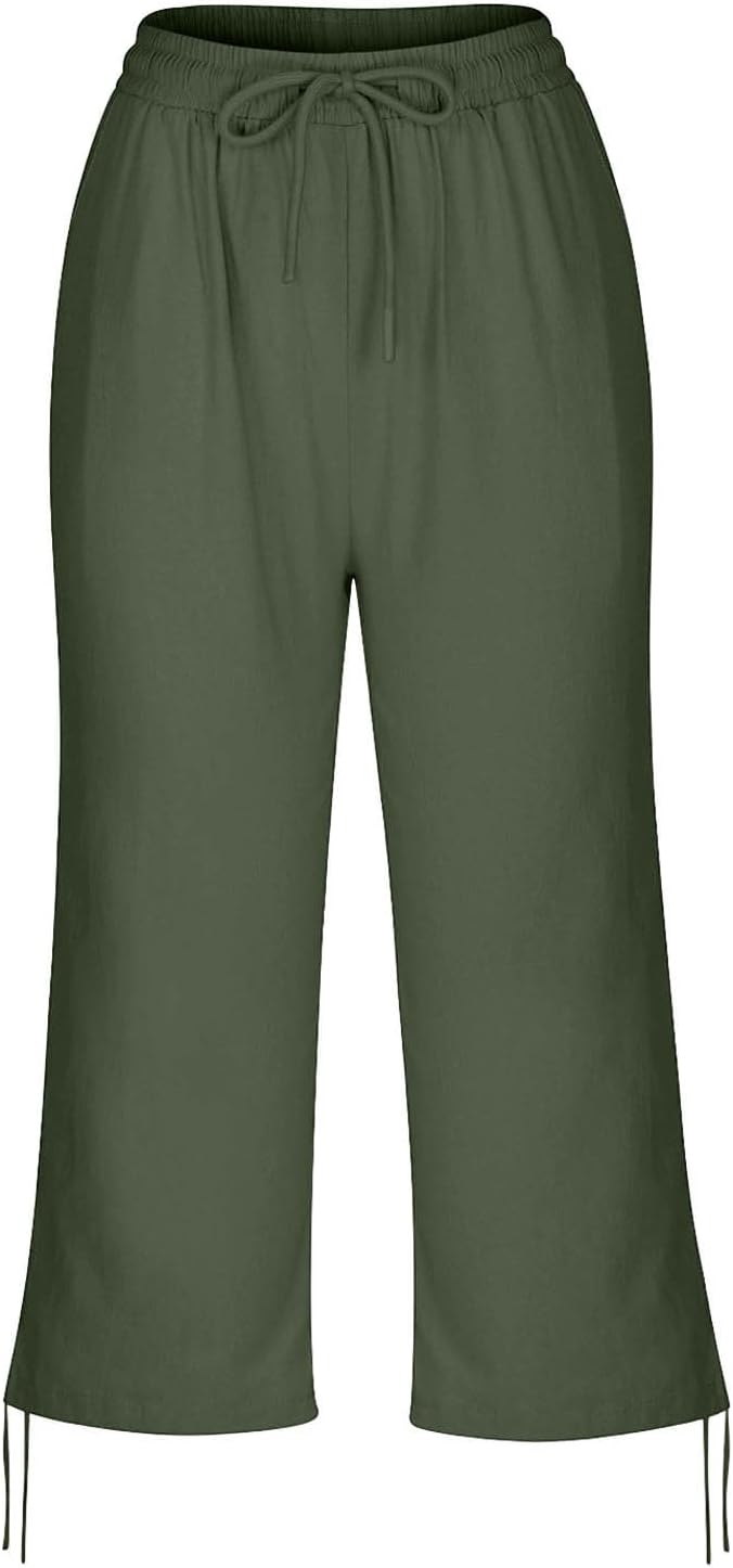 Linen Capri Pants for Women Drawstring Elastic Wide Leg Trouser 2026 Summer - Image 7