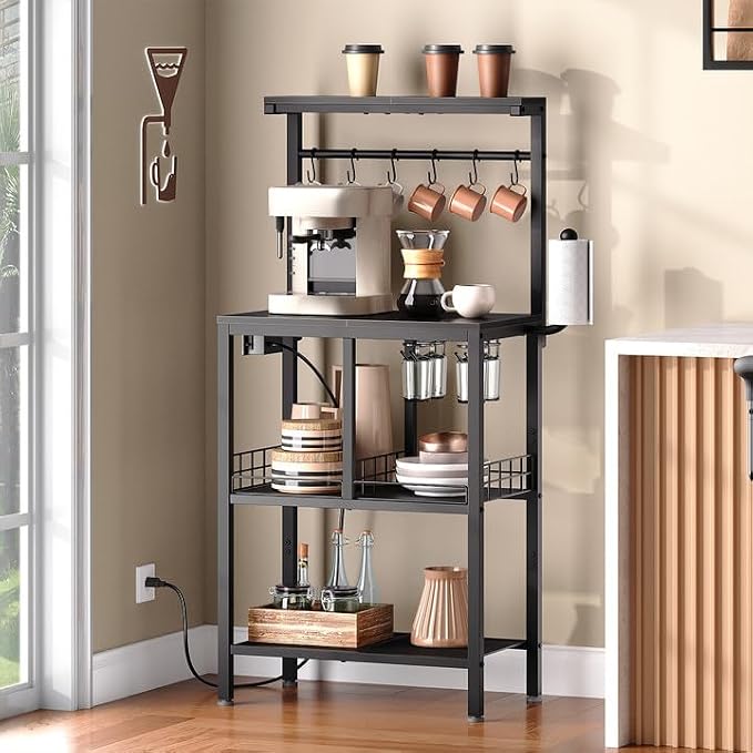 YATINEY Bakers Rack with Power Outlet, Microwave Stand with Paper Holder - Image 2