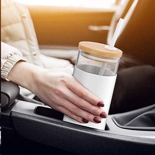Tronco 20 oz Glass Tumbler Glass Water Bottle Straw Silicone Protective Sleeve Bamboo Lid - BPA Free - White Amber/ 2 Pack