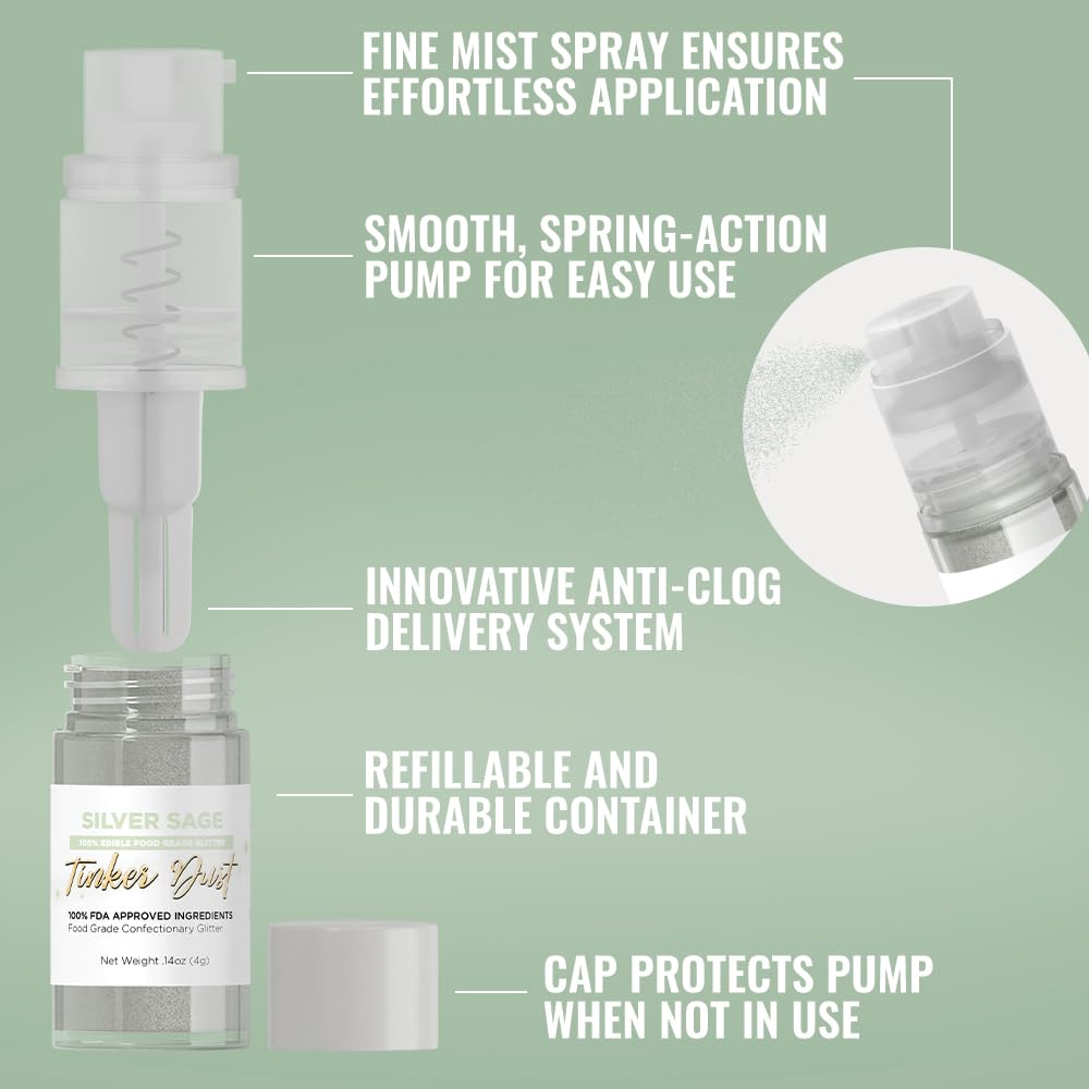 Bakell - Silver Sage Tinker Dust (4g, 1x Mini Spray Pump) Edible Glitter for Food, Desserts, and Beverages!