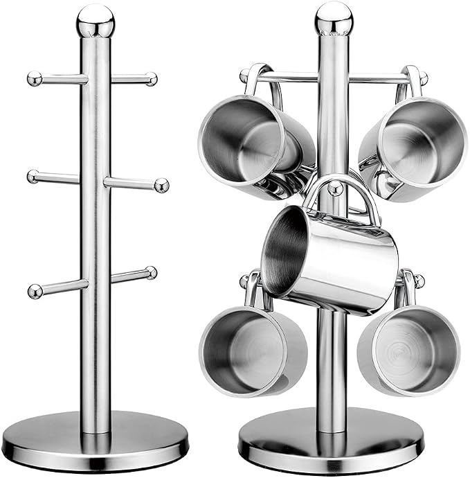 6 Cup Mug Tree Holder Tabletop Coffee Tea Kitchen Storage Rack Silver - Image 3