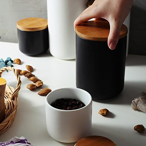 Ceramic Food Storage Jar Canister Modern Design Food Canisters with Airtight Seal Bamboo Lid,Loose Tea Coffee Spice Nuts Snacks Seasonings Storage Jar Canister Caddy (black 7.03oz/200ml)