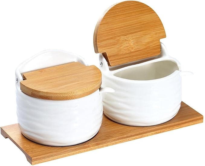 Ceramic Sugar Bowl with Bamboo Lids and Spoons Serving Tray, Porcelain Sugar by LuckyGoddness