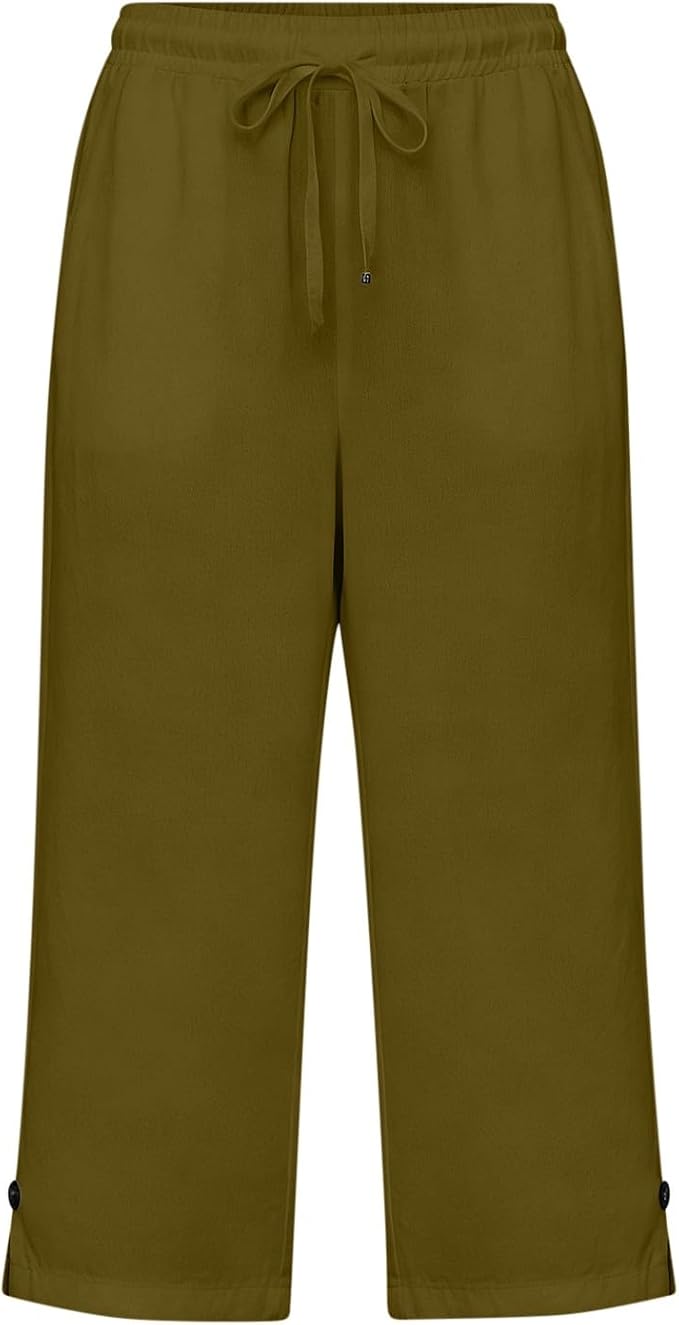 Straight Leg Capri Linen Pants for Women Elastic Waist Drawstring Pant Summer - Image 5