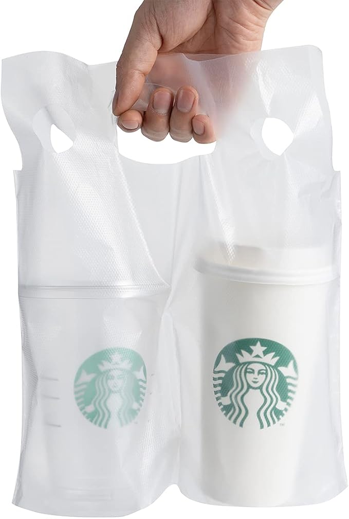 100 Pack Clear Plastic Bags 2 Cup Beverage Carrier Drink Holder up to 32oz by Craftiff