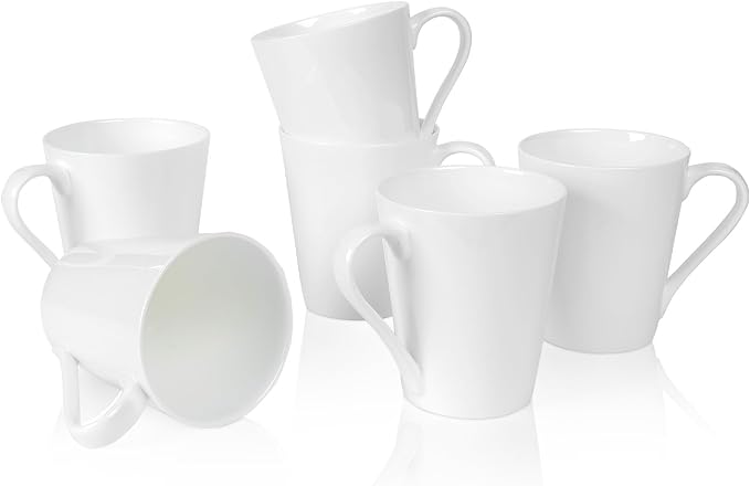 11 Oz Plain White Fine Bone China Coffee Mugs Set of 6, V-Shaped Latte Mug by COSTMANCE