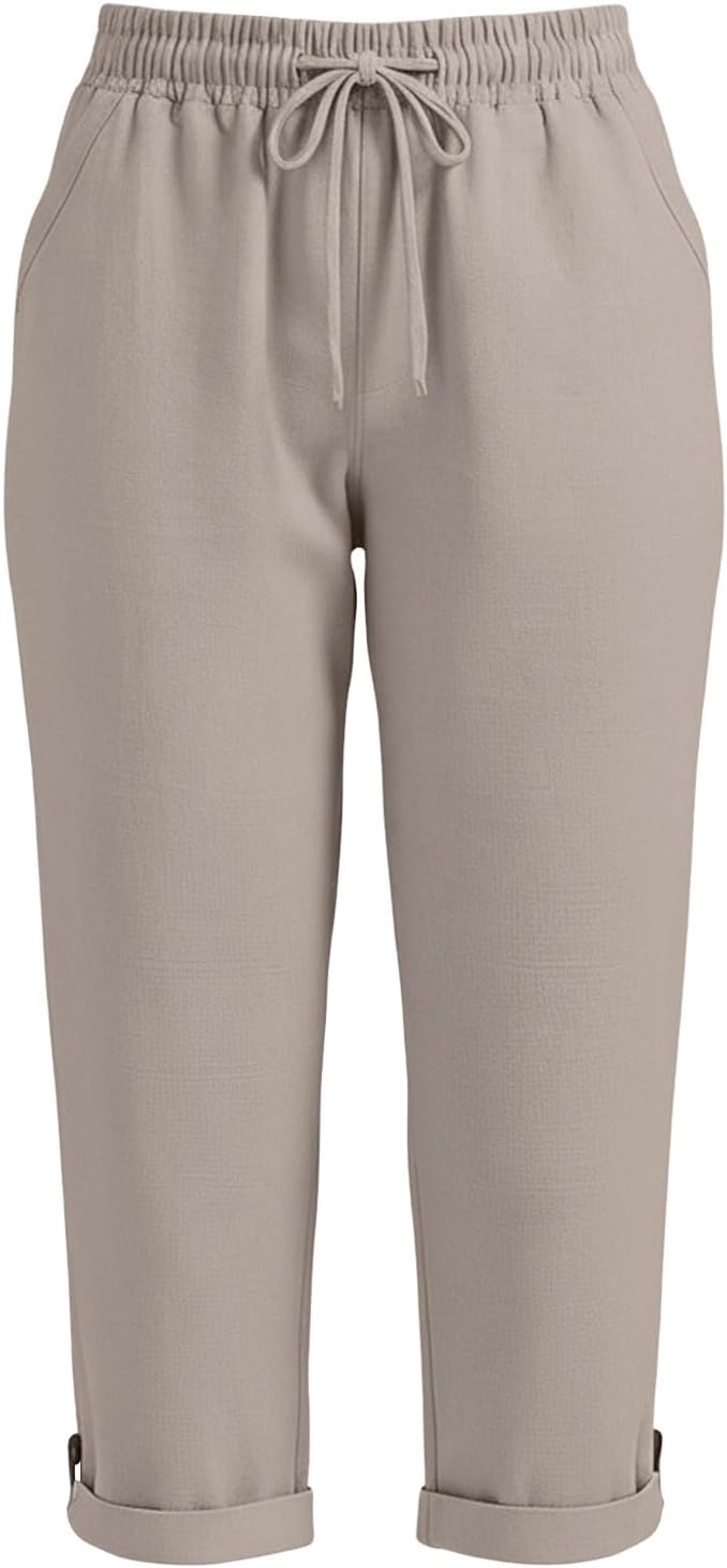Drawstring Capri Linen Pants Women Elastic Waist Straight Leg Pant Summer Beach - Image 6