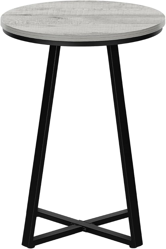 Round End Table with Grey Wood-Look Top and Black Metal X-Base, Modern Side - Image 5