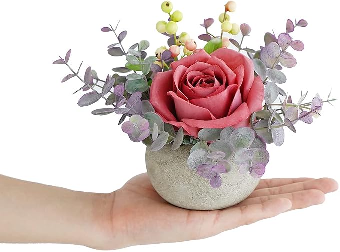 Small Artificial Pink Rose Potted Plant, Mini Faux Floral Arrangement - Image 2