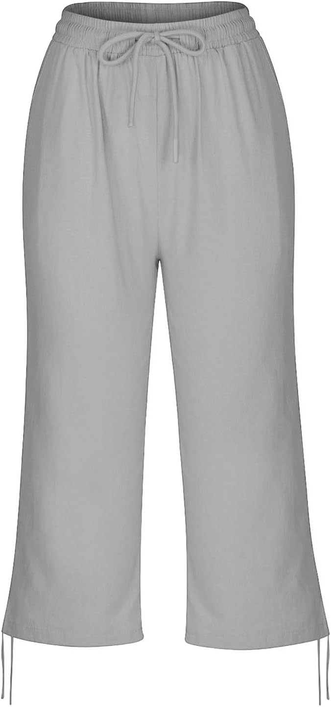 Linen Capri Pants for Women Drawstring Elastic Wide Leg Trouser 2026 Summer - Image 6