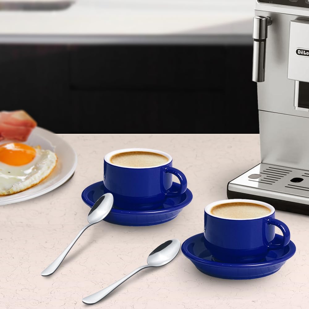 homEdge Premium Espresso Shot Cups and Saucers Set with Espresso Stainless Steel Spoons - 2.5 oz, Set of 4, Navy