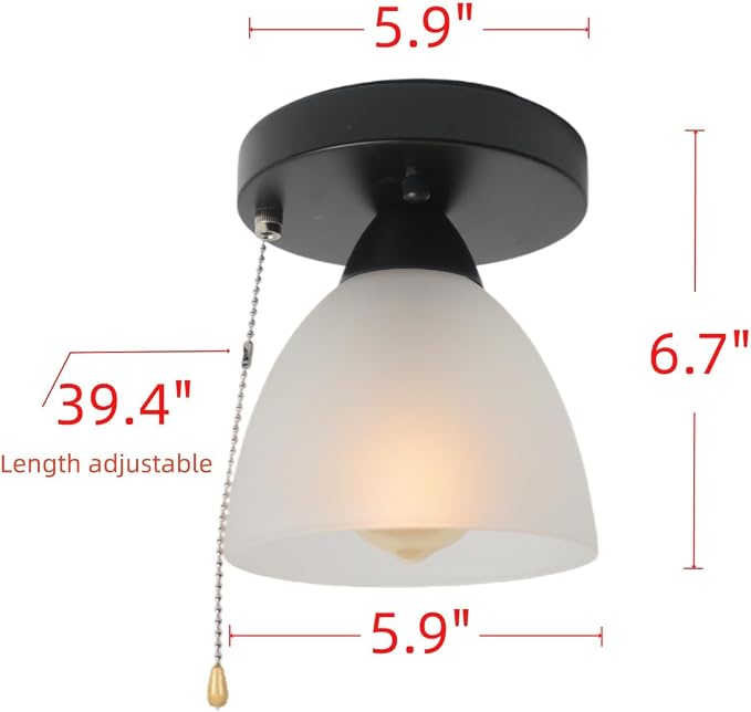 Modern Pull String Semi Flush Mount Light, 1-Light Black Metal Ceiling Light - Image 2