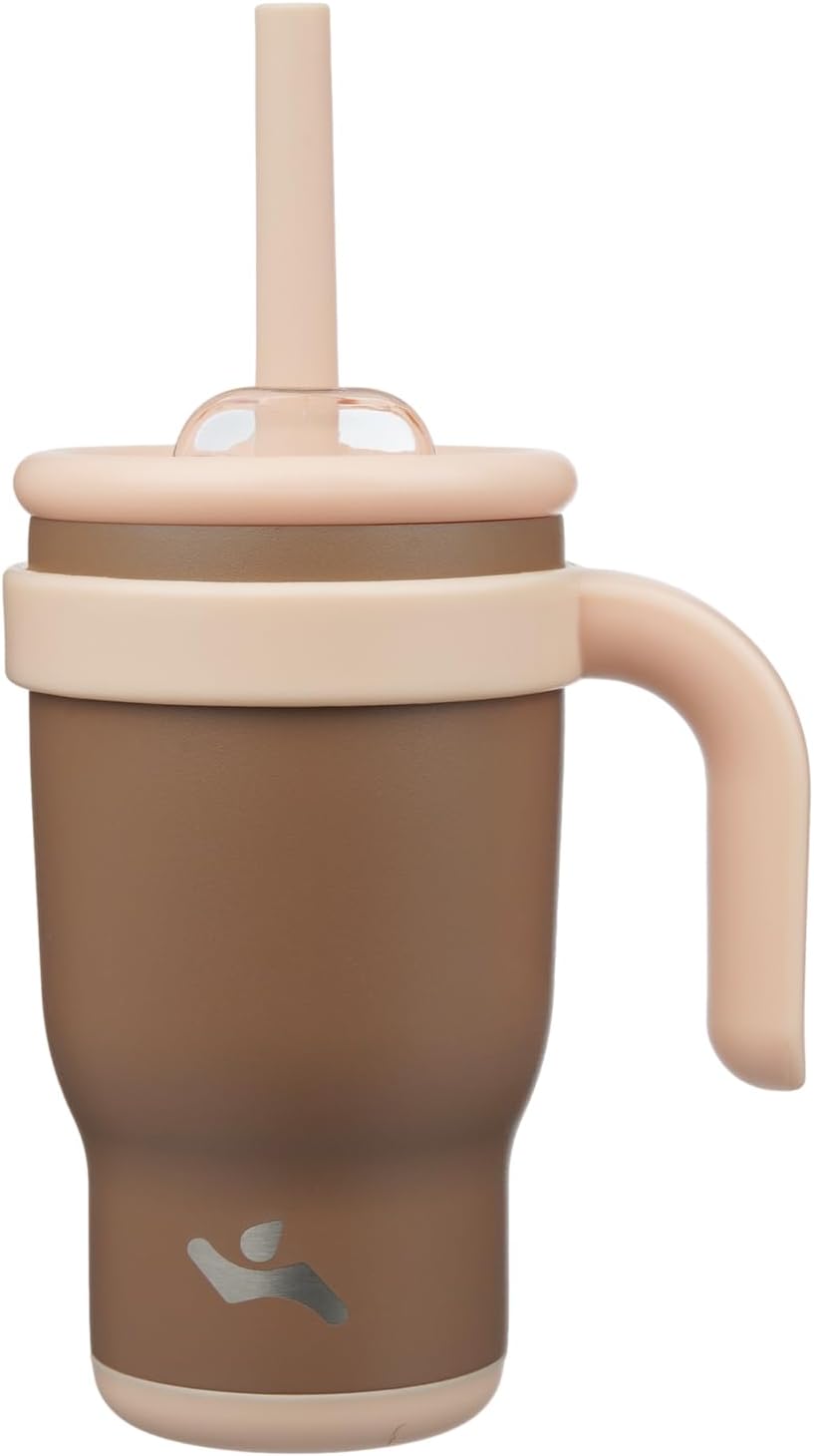 14 oz Tumbler with Side Handle, Insulated Water Bottle with Straw and 2 in 1 Lid, Stainless Steel Cup Travel Coffee Mug for Sports Office Gym,Brown