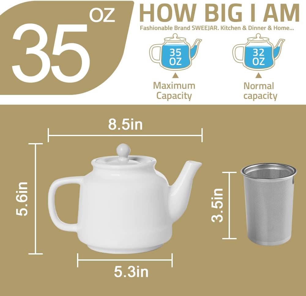 Sweejar 35 oz Porcelain Tea Pot, Teapot with Removable 18/8 Stainless Steel Infuser, Microwave & Dishwasher Safe Tea Maker, Tea Infuser Pots for Blooming loose Leaf Tea,Chrismas Women Gift(White)