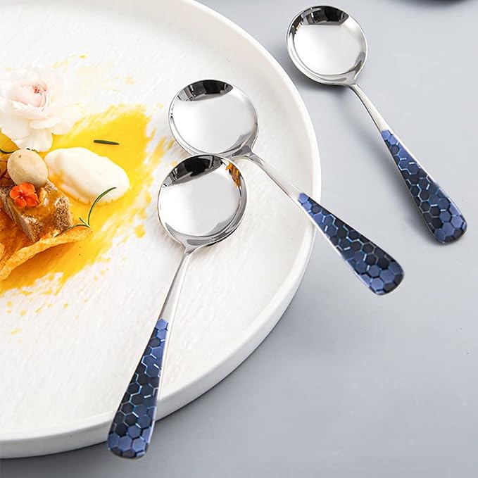 Stainless Steel Coffee Round Spoon, Korean Dessert Spoons, Hexagonal Pattern - Image 6