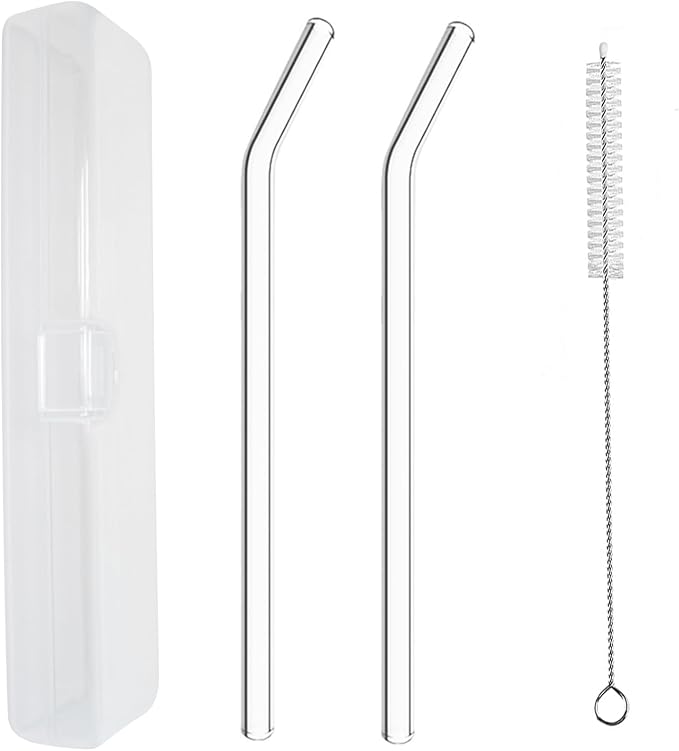 YOGURTCK 2pcs Reusable Clear Bent Glass Drinking Straws, 7.88" x 8MM, by YOGURTCK