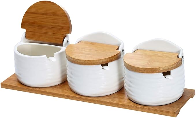 Ceramic Sugar Bowl with Bamboo Lids and Spoons Serving Tray, Porcelain Sugar by LuckyGoddness