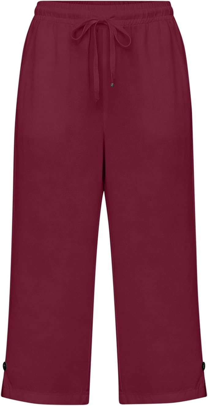Straight Leg Capri Linen Pants for Women Elastic Waist Drawstring Pant Summer - Image 5