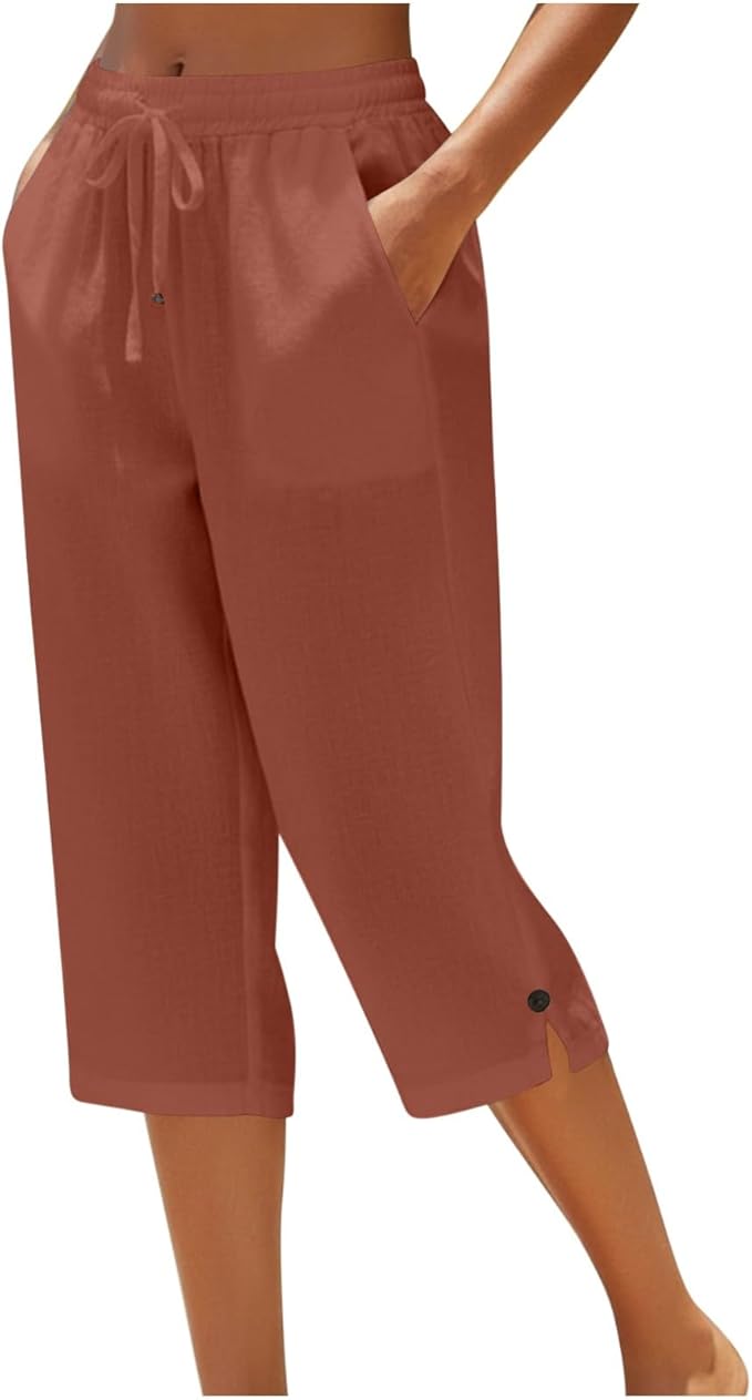 Straight Leg Capri Linen Pants for Women Elastic Waist Drawstring Pant Summer by Unknown
