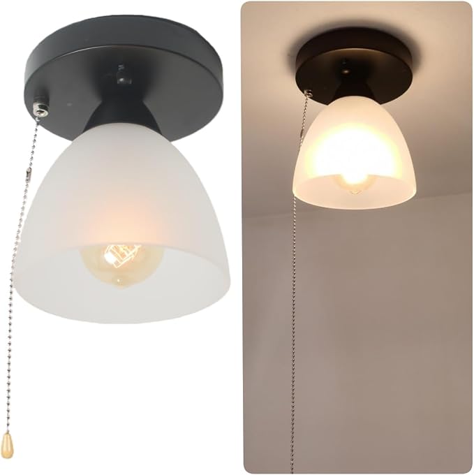 Modern Pull String Semi Flush Mount Light, 1-Light Black Metal Ceiling Light - Image 3