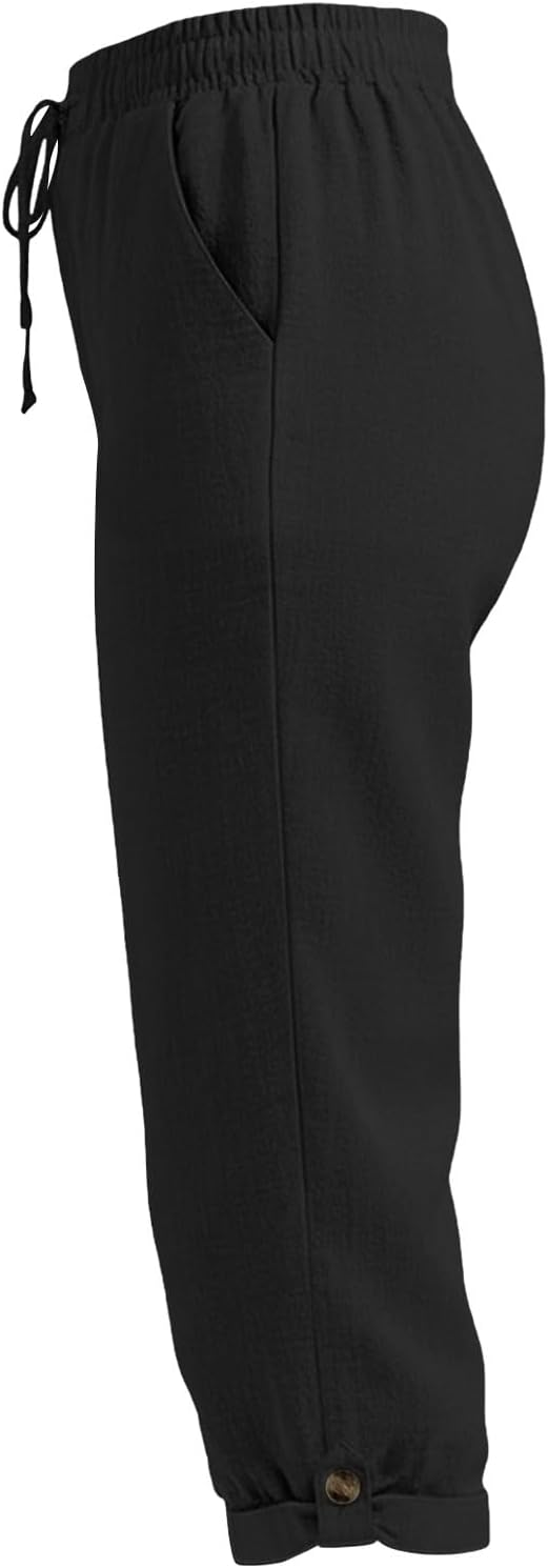 Drawstring Capri Linen Pants Women Elastic Waist Straight Leg Pant Summer Beach - Image 5