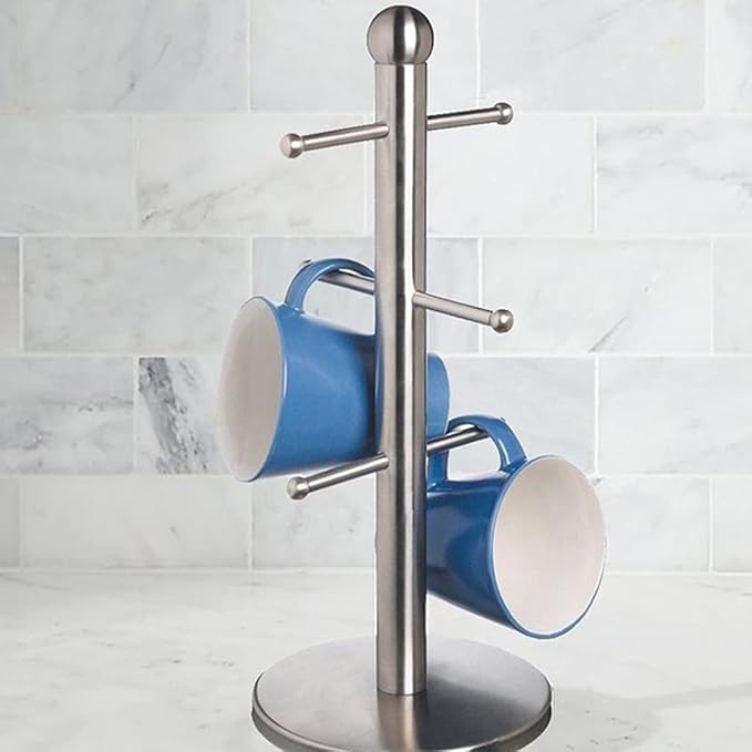 6 Cup Mug Tree Holder Tabletop Coffee Tea Kitchen Storage Rack Silver - Image 9