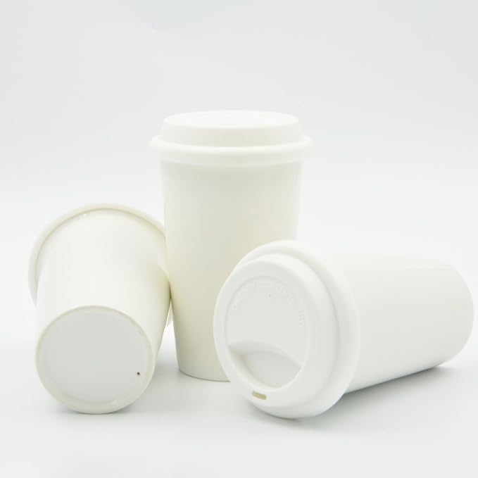 Reusable Double Wall Insulated White Ceramic Travel Coffee Cup - Image 9