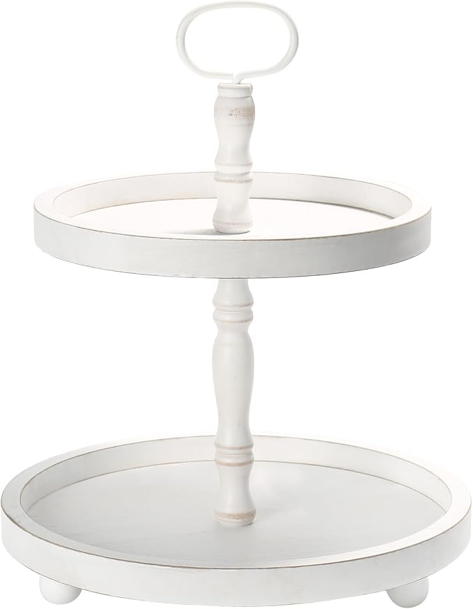 Wooden Two Tiered Tray Stand, Farmhouse Round 2 Tier Decorative Tray by SYNCVIBE