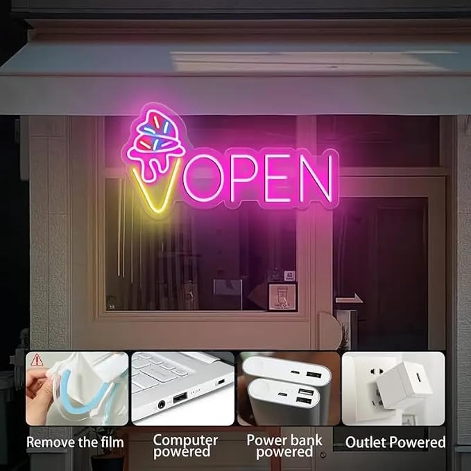 LED Neon Open Sign with Ice Cream Cone Design, USB Powered, Wall Hanging - Image 5